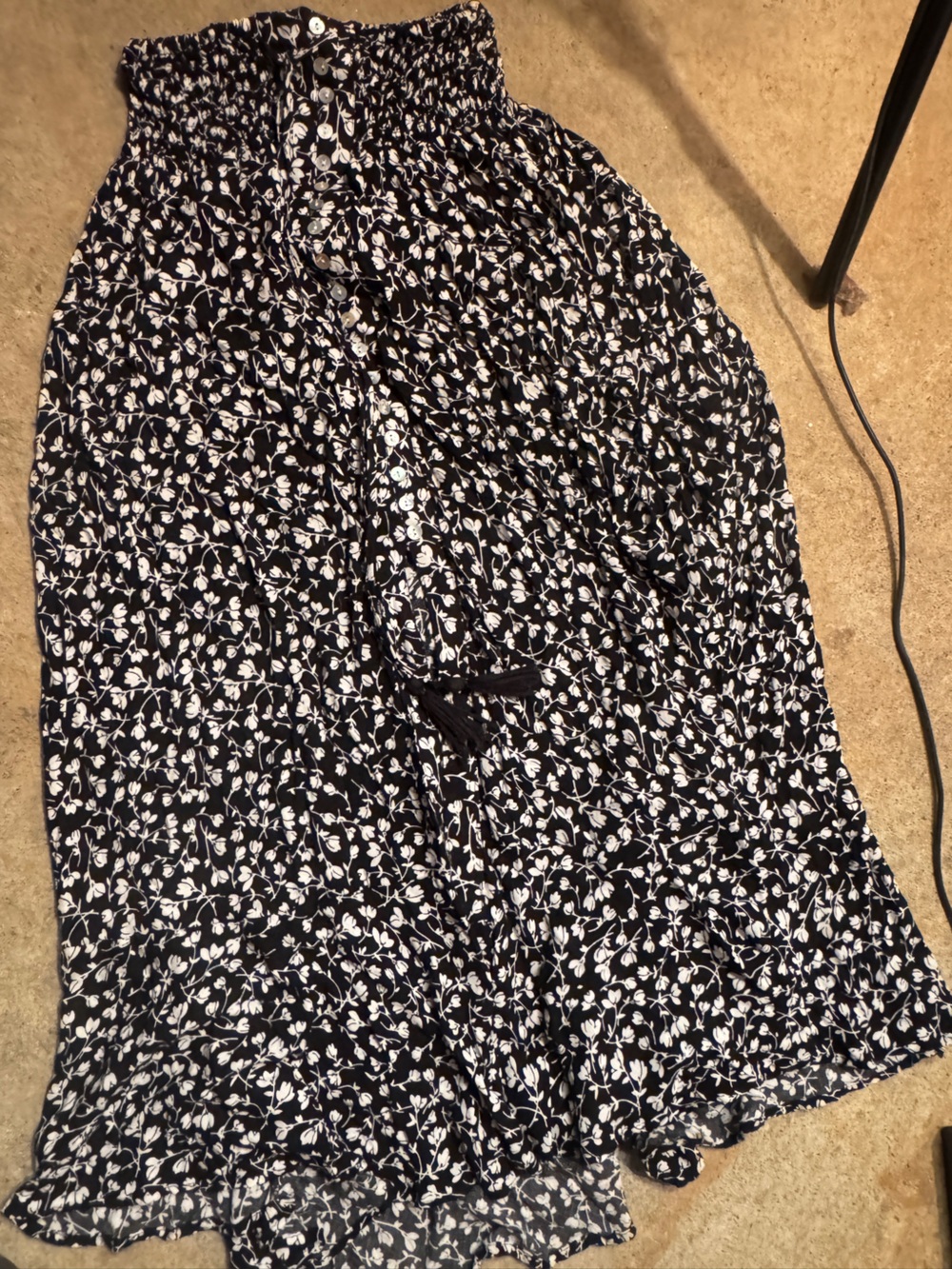 Bohemian black and White Floral Smocked-Waist Maxi Skirt